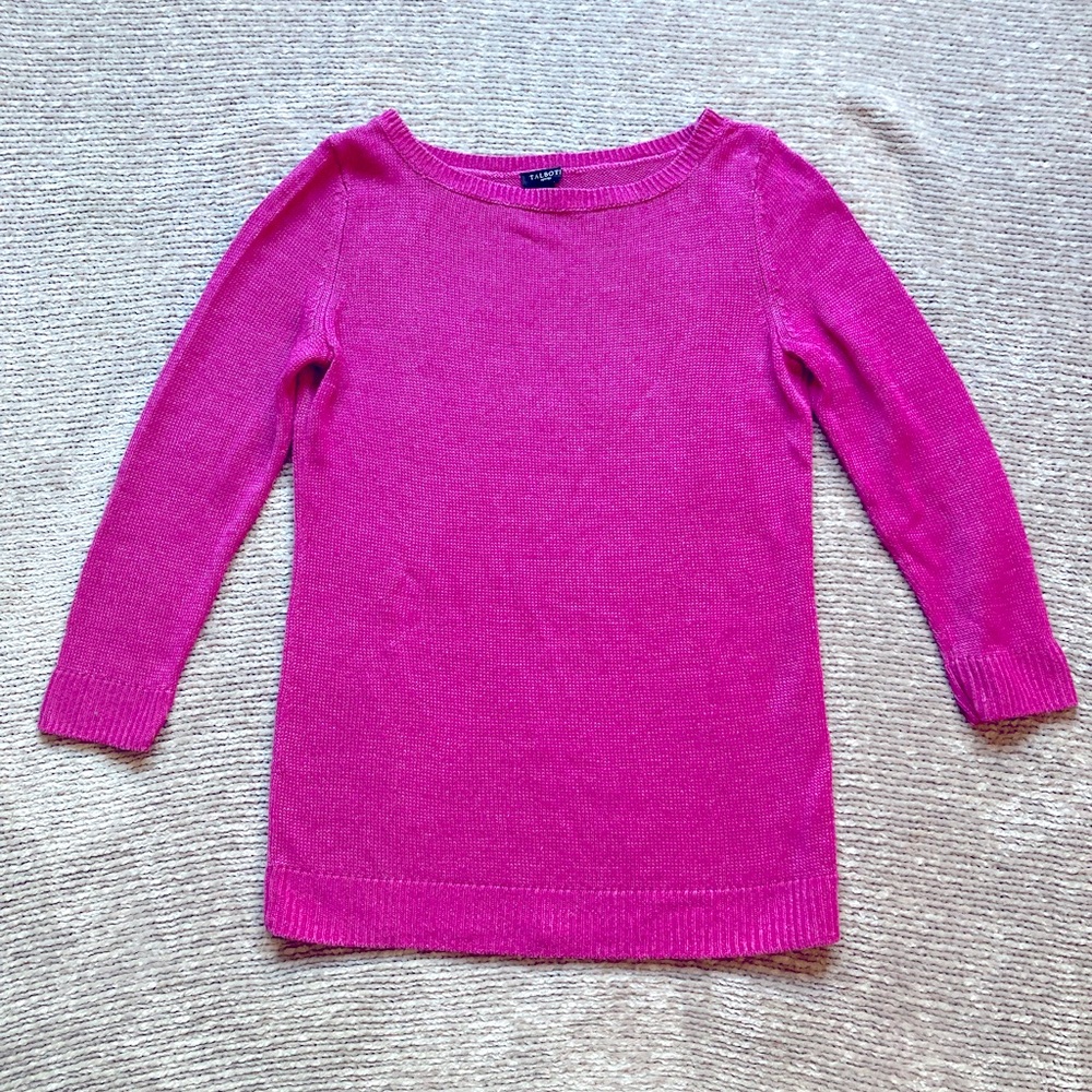 Talbots 100% Linen Sweater Fuchsia Knit Size Petite 3/4‎ Sleeve
